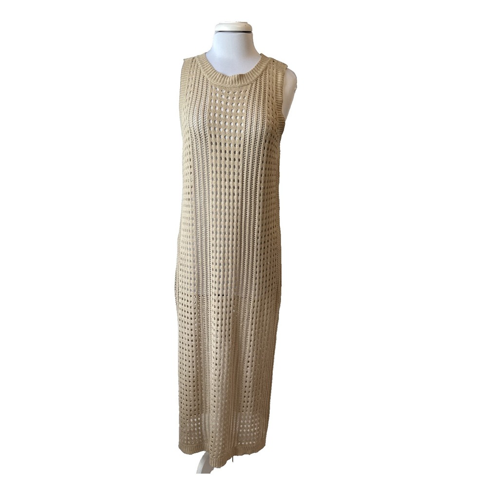 Resortwear Crochet Open Knit Sleeveless Maxi Dress Cover Up XL Tan Beach Boho